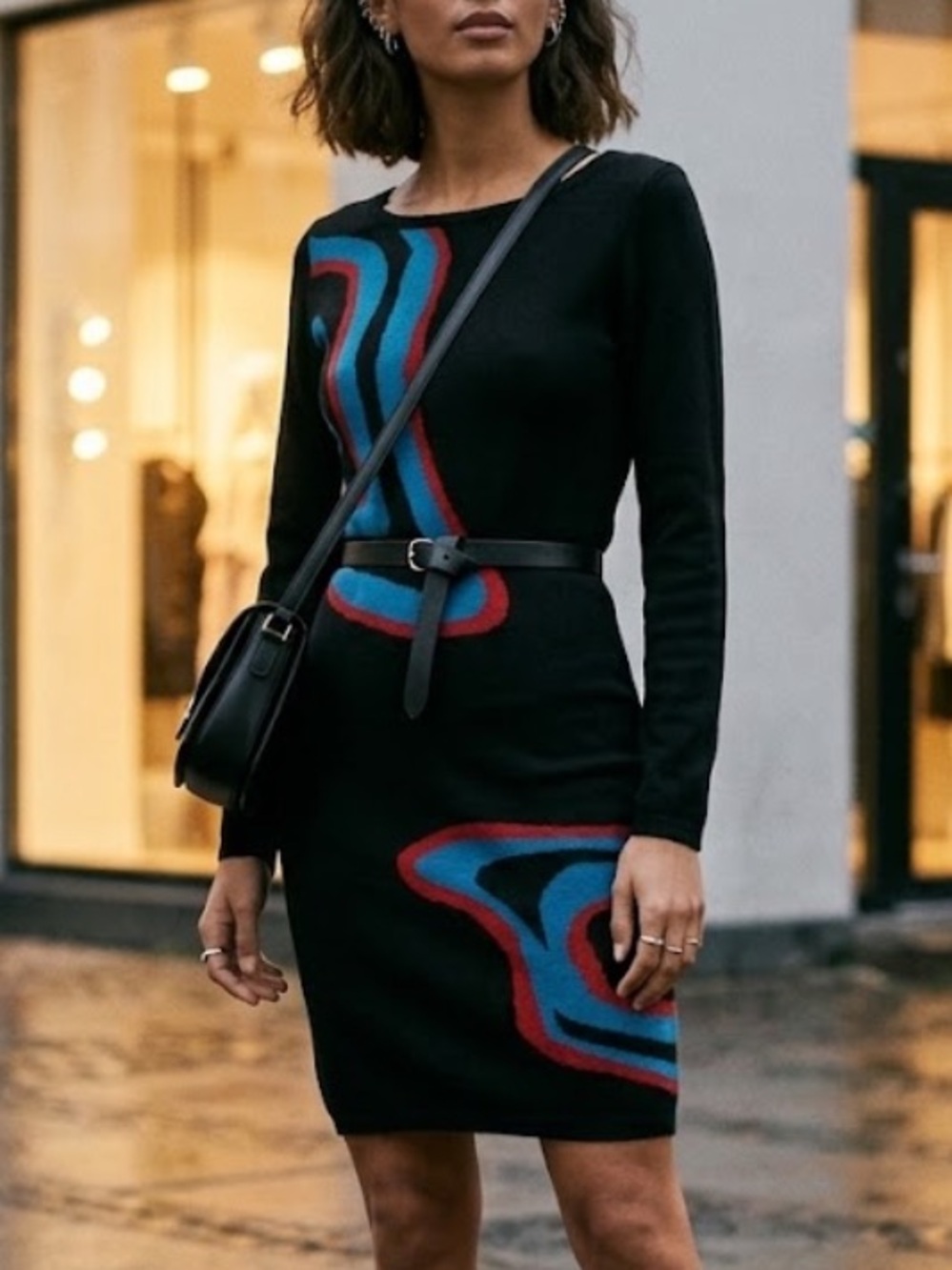 NWOT Y2K Graphic Swirl Knit Bodycon Sweater Dress Long Sleeve Abstract Mini S